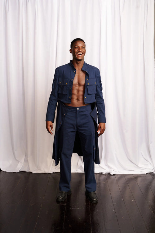 Modular Navy Trench Jacket with Detachable Waist Zipper