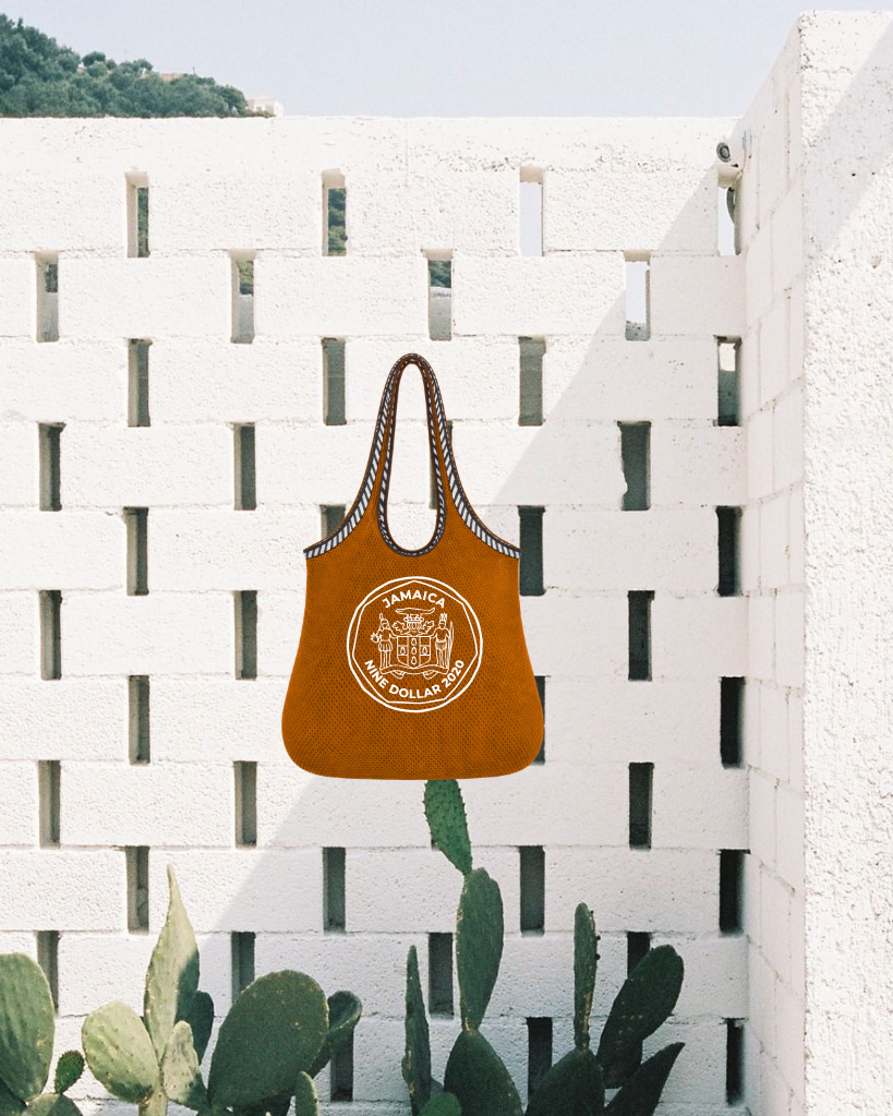 Burnt orange Mesh tote bag with a logo attached to a white lattice fence with cacti in the foreground.